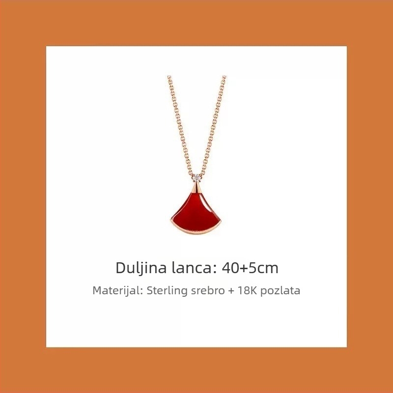 Ženski ogrlica u obliku fanova, VGold premaz, kamenčići, bijeli matični biser i crveni ahat, zmijskog tipa lanac, duljina 41–50 cm