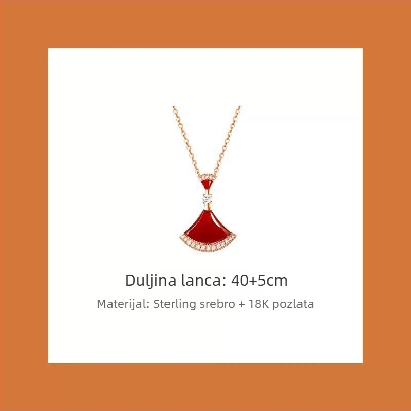 Ženski ogrlica u obliku fanova, VGold premaz, kamenčići, bijeli matični biser i crveni ahat, zmijskog tipa lanac, duljina 41–50 cm
