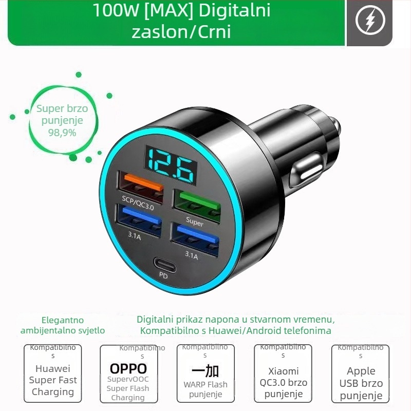 Automobilsko punjač s adapterom za cigaretu, USB sučelje i pet pinova