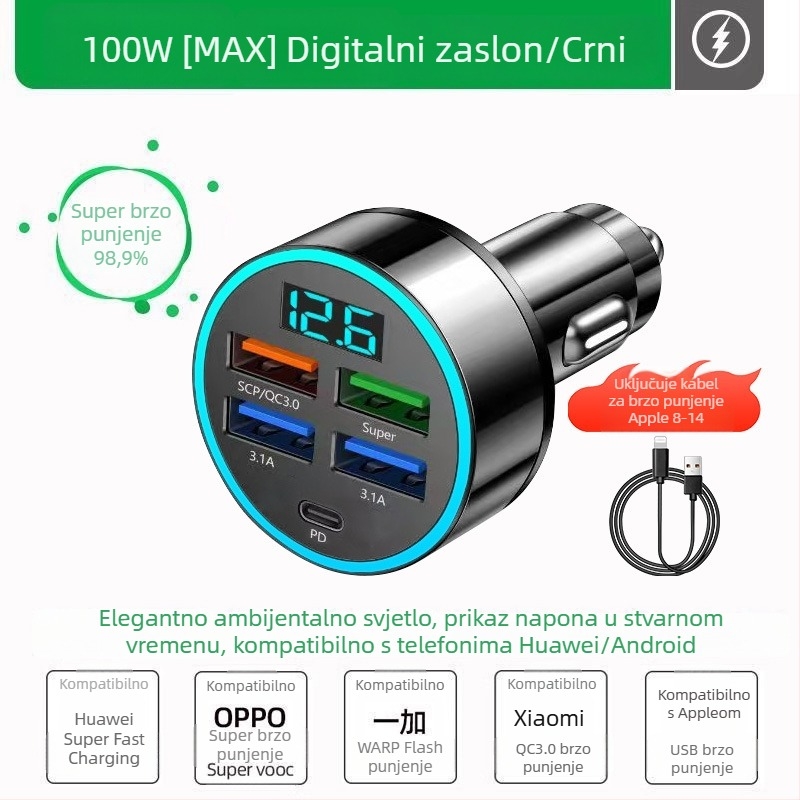 Automobilsko punjač s adapterom za cigaretu, USB sučelje i pet pinova
