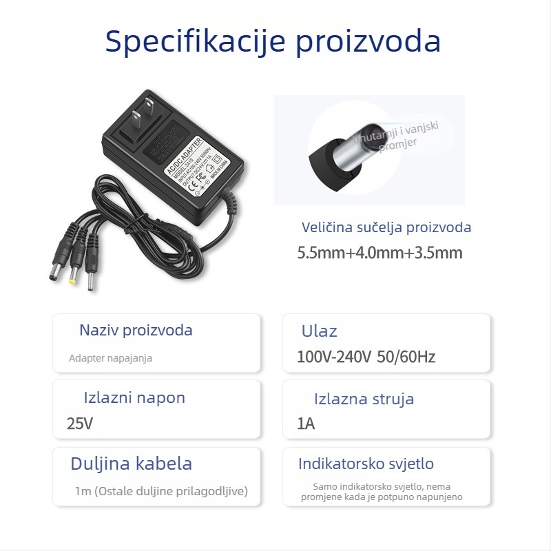 Napajajući kabel adapter za robota usisavača za čišćenje poda, kompatibilan s 5V, 8.4V, 12.6V, 18V, 19V, 24V, 25V i 26V