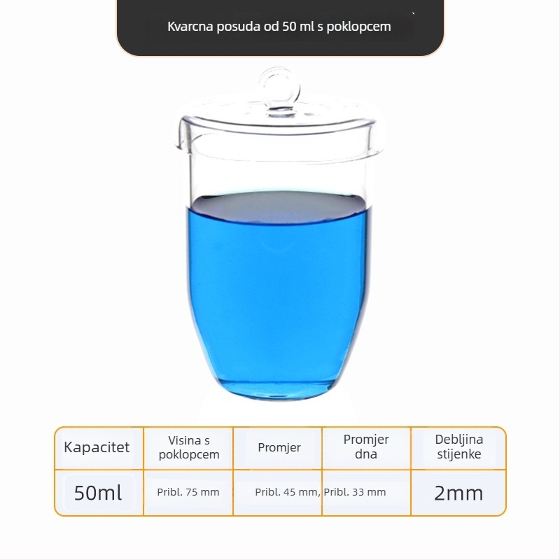 Kvarcni crucible visoke čistoće, otporan na visoke temperature, zapremine 50/100/200/300 ml, proziran, otporan na kiseline i baze do 1400°C