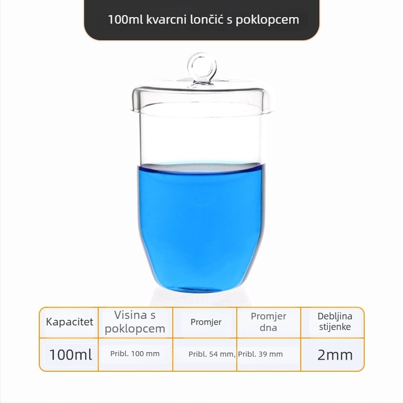 Kvarcni crucible visoke čistoće, otporan na visoke temperature, zapremine 50/100/200/300 ml, proziran, otporan na kiseline i baze do 1400°C