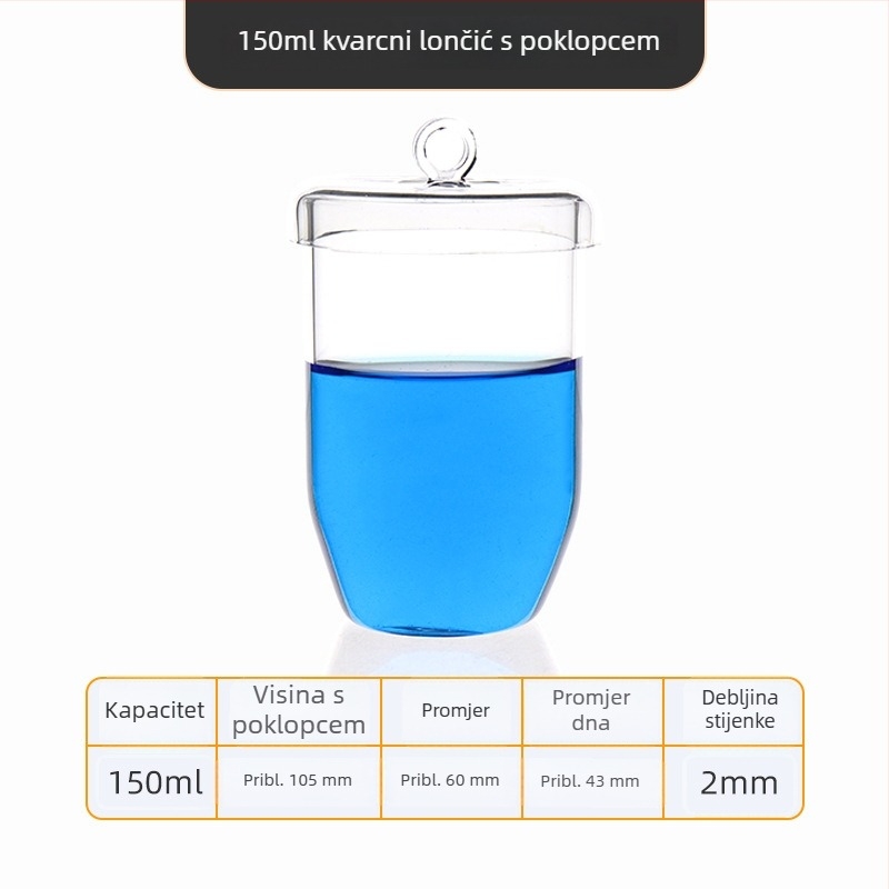 Kvarcni crucible visoke čistoće, otporan na visoke temperature, zapremine 50/100/200/300 ml, proziran, otporan na kiseline i baze do 1400°C