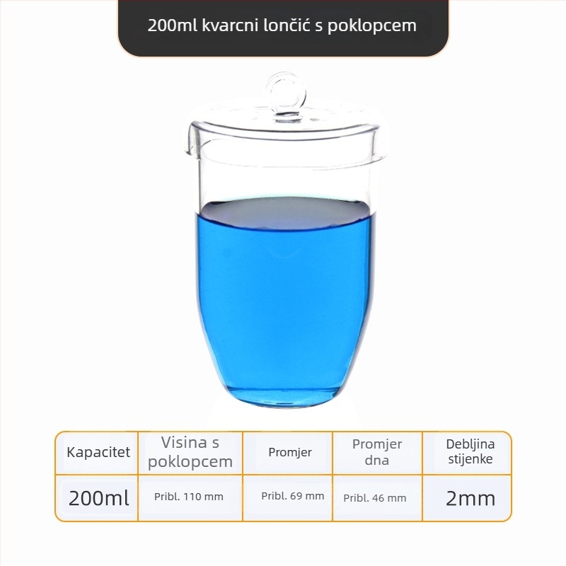 Kvarcni crucible visoke čistoće, otporan na visoke temperature, zapremine 50/100/200/300 ml, proziran, otporan na kiseline i baze do 1400°C