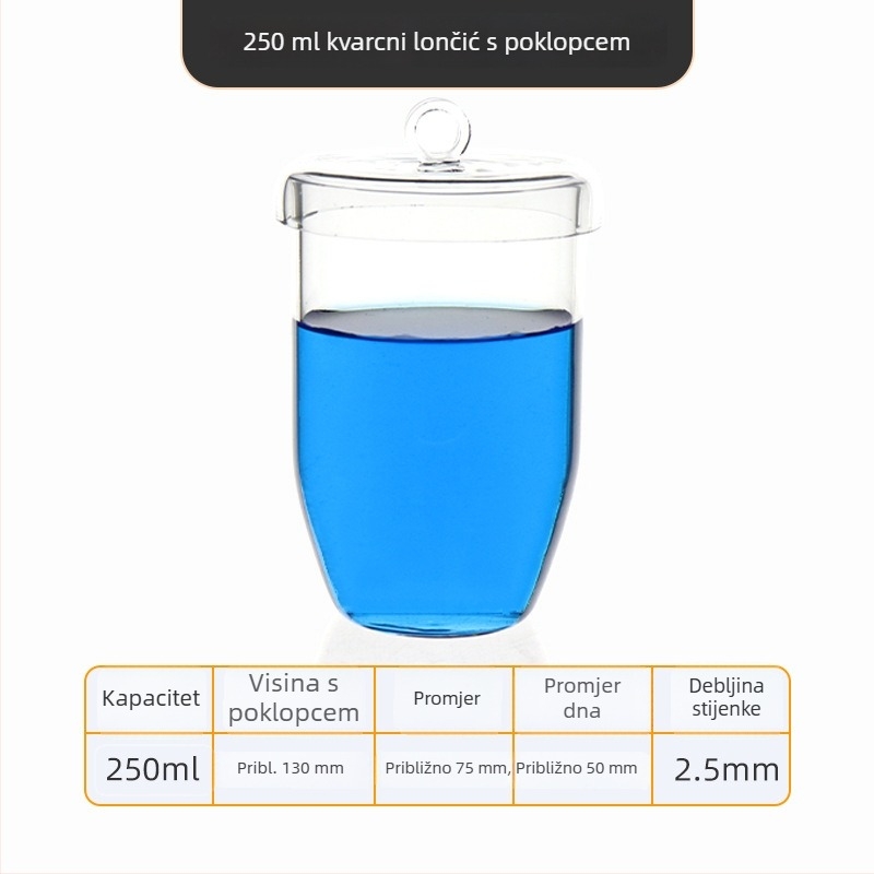 Kvarcni crucible visoke čistoće, otporan na visoke temperature, zapremine 50/100/200/300 ml, proziran, otporan na kiseline i baze do 1400°C