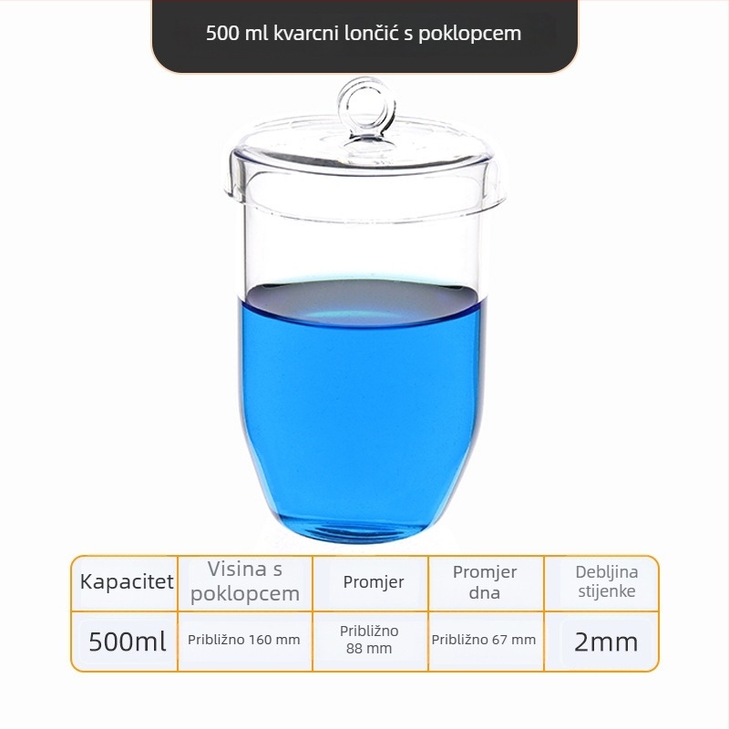Kvarcni crucible visoke čistoće, otporan na visoke temperature, zapremine 50/100/200/300 ml, proziran, otporan na kiseline i baze do 1400°C