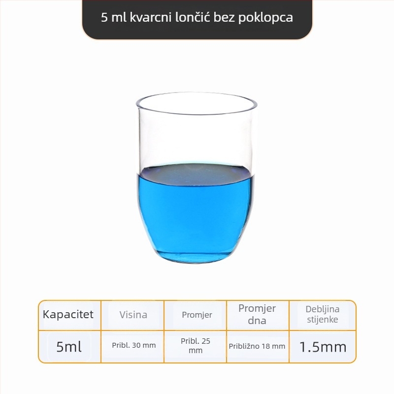 Kvarcni crucible visoke čistoće, otporan na visoke temperature, zapremine 50/100/200/300 ml, proziran, otporan na kiseline i baze do 1400°C