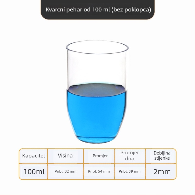 Kvarcni crucible visoke čistoće, otporan na visoke temperature, zapremine 50/100/200/300 ml, proziran, otporan na kiseline i baze do 1400°C