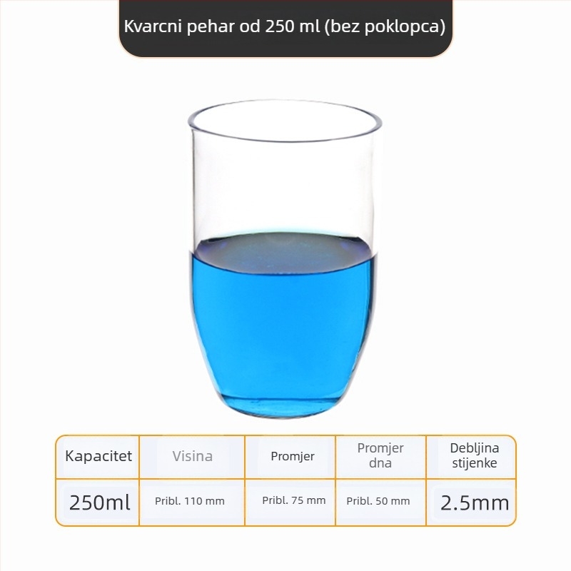 Kvarcni crucible visoke čistoće, otporan na visoke temperature, zapremine 50/100/200/300 ml, proziran, otporan na kiseline i baze do 1400°C