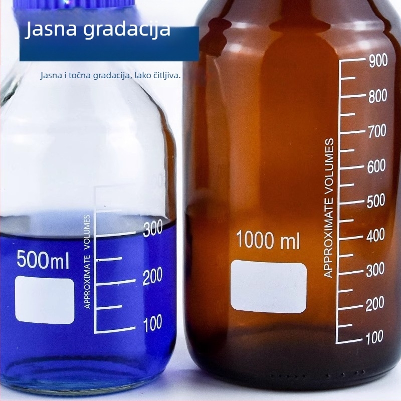 Prozirna staklena boca za laboratorij s plavom kapicom, hermetički zatvorena, zapremine 100/250/500/1000 ml