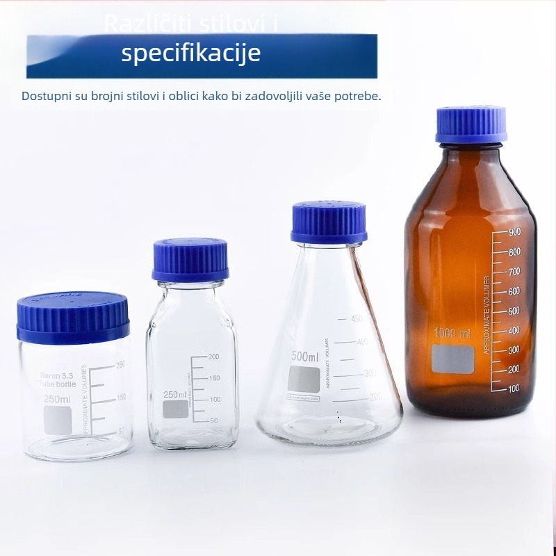 Prozirna staklena boca za laboratorij s plavom kapicom, hermetički zatvorena, zapremine 100/250/500/1000 ml
