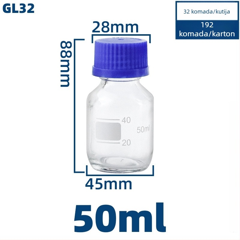 Prozirna staklena boca za laboratorij s plavom kapicom, hermetički zatvorena, zapremine 100/250/500/1000 ml