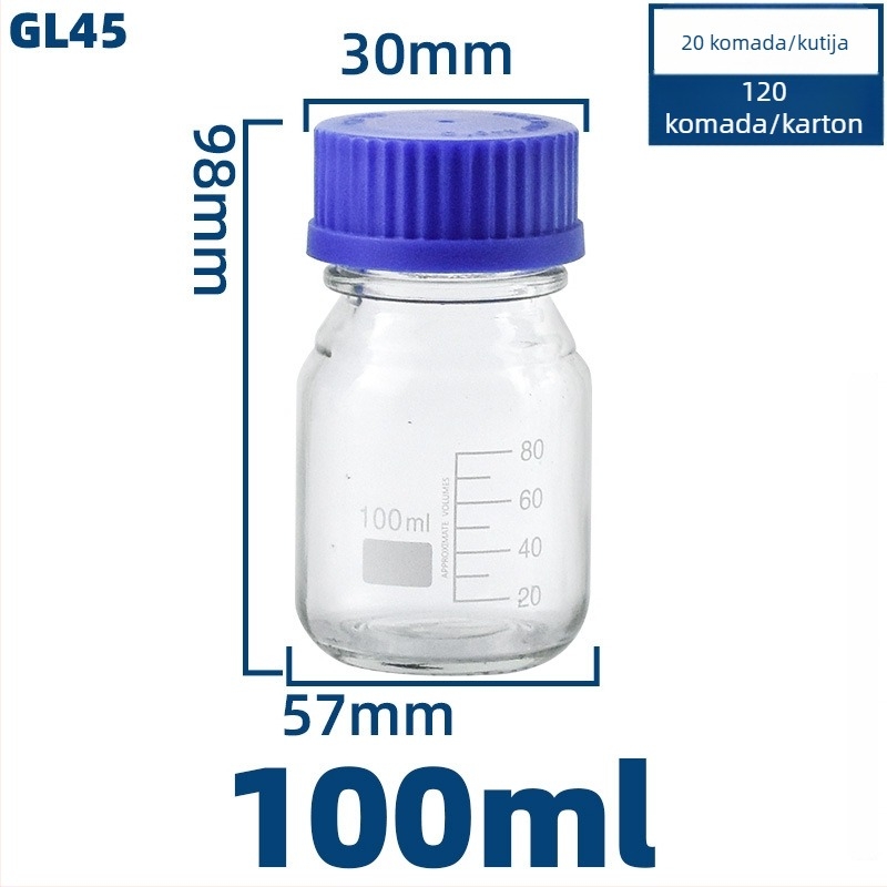 Prozirna staklena boca za laboratorij s plavom kapicom, hermetički zatvorena, zapremine 100/250/500/1000 ml