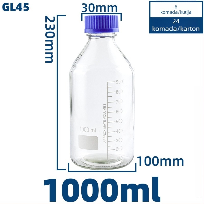 Prozirna staklena boca za laboratorij s plavom kapicom, hermetički zatvorena, zapremine 100/250/500/1000 ml