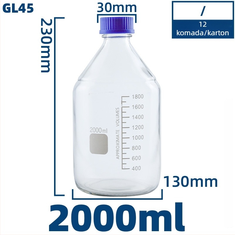 Prozirna staklena boca za laboratorij s plavom kapicom, hermetički zatvorena, zapremine 100/250/500/1000 ml