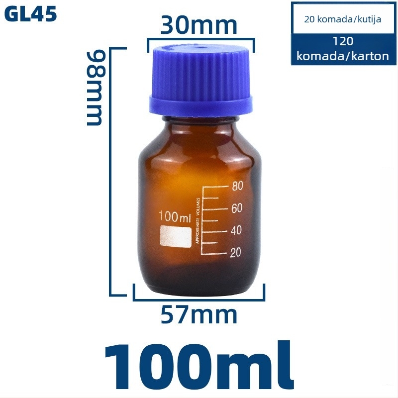Prozirna staklena boca za laboratorij s plavom kapicom, hermetički zatvorena, zapremine 100/250/500/1000 ml