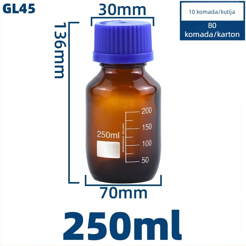 Prozirna staklena boca za laboratorij s plavom kapicom, hermetički zatvorena, zapremine 100/250/500/1000 ml
