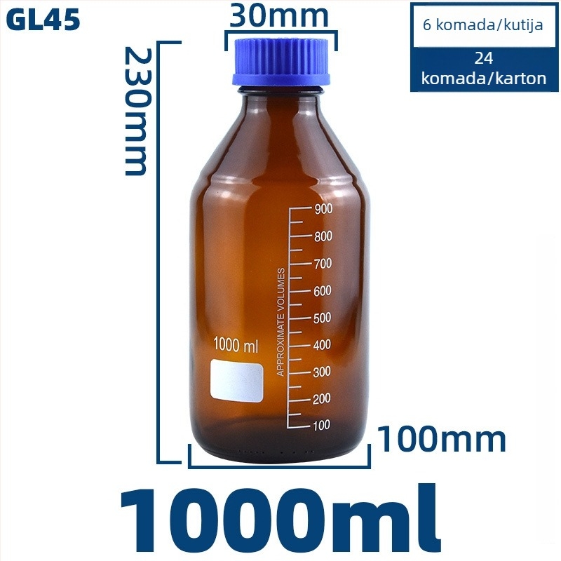 Prozirna staklena boca za laboratorij s plavom kapicom, hermetički zatvorena, zapremine 100/250/500/1000 ml