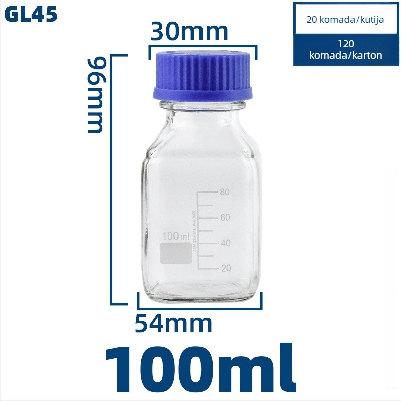 Prozirna staklena boca za laboratorij s plavom kapicom, hermetički zatvorena, zapremine 100/250/500/1000 ml