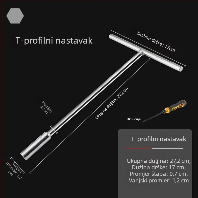 T-oblika ključ s vanjskim šesterokutom, ručni, produženi, za popravak automobila i motocikla