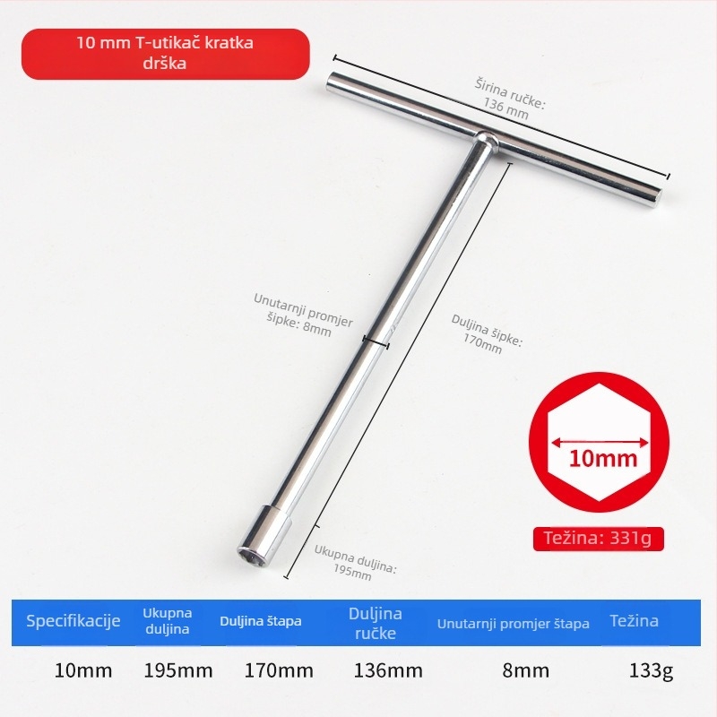 T-oblika ključ s vanjskim šesterokutom, ručni, produženi, za popravak automobila i motocikla