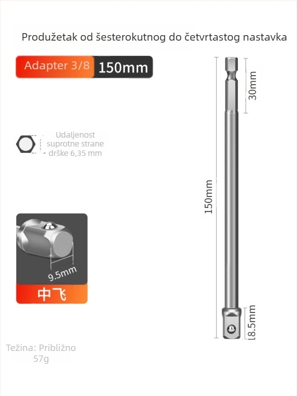 Adapter šestouog ог osovinskog dijela na četverostruki pogon za bušilicu i električni odvijač, spojna šipka, 6,3 mm