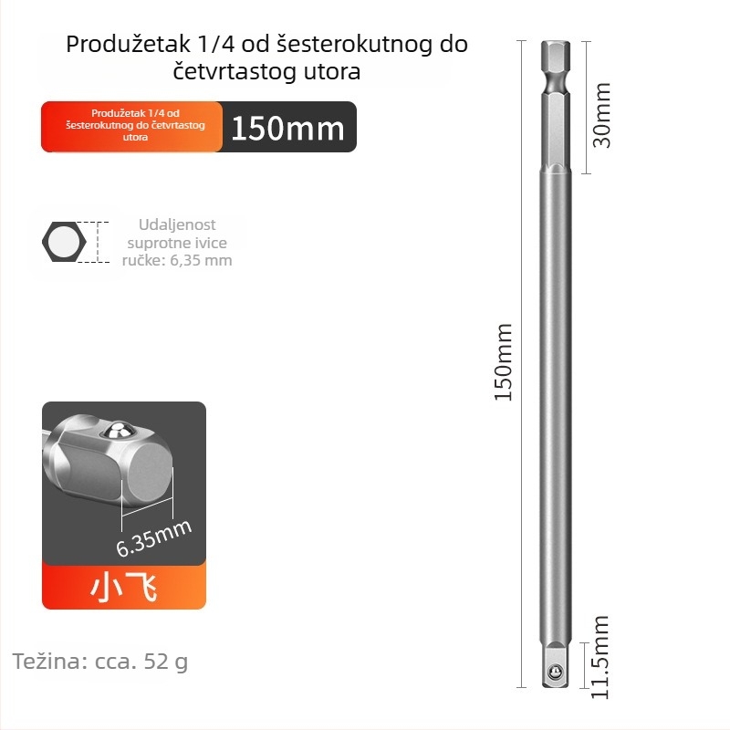 Adapter šestouog ог osovinskog dijela na četverostruki pogon za bušilicu i električni odvijač, spojna šipka, 6,3 mm