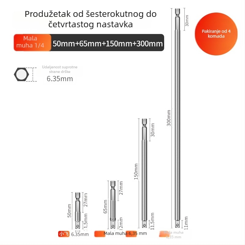 Adapter šestouog ог osovinskog dijela na četverostruki pogon za bušilicu i električni odvijač, spojna šipka, 6,3 mm