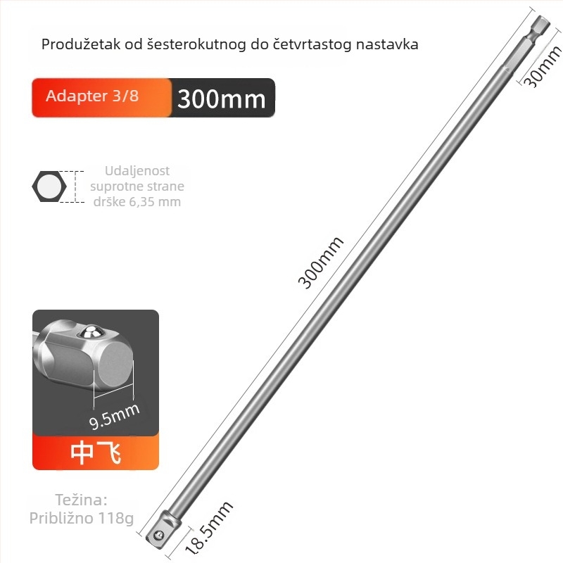 Adapter šestouog ог osovinskog dijela na četverostruki pogon za bušilicu i električni odvijač, spojna šipka, 6,3 mm