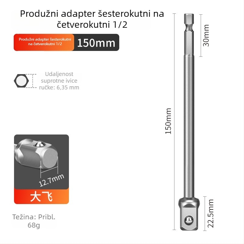 Adapter šestouog ог osovinskog dijela na četverostruki pogon za bušilicu i električni odvijač, spojna šipka, 6,3 mm