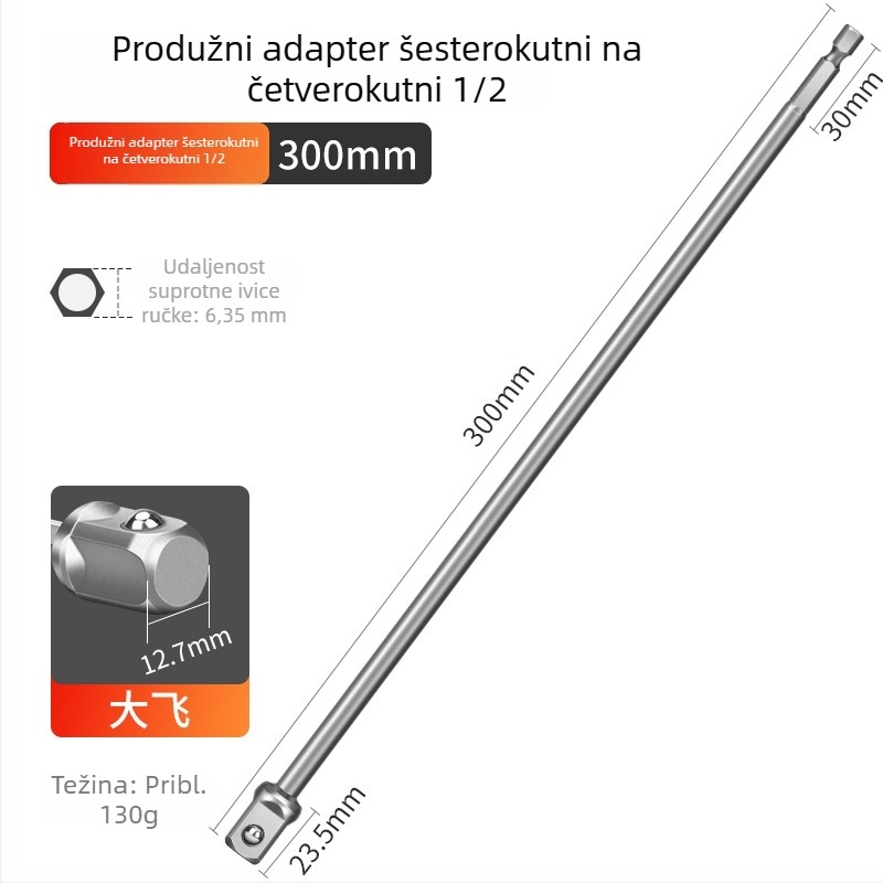 Adapter šestouog ог osovinskog dijela na četverostruki pogon za bušilicu i električni odvijač, spojna šipka, 6,3 mm