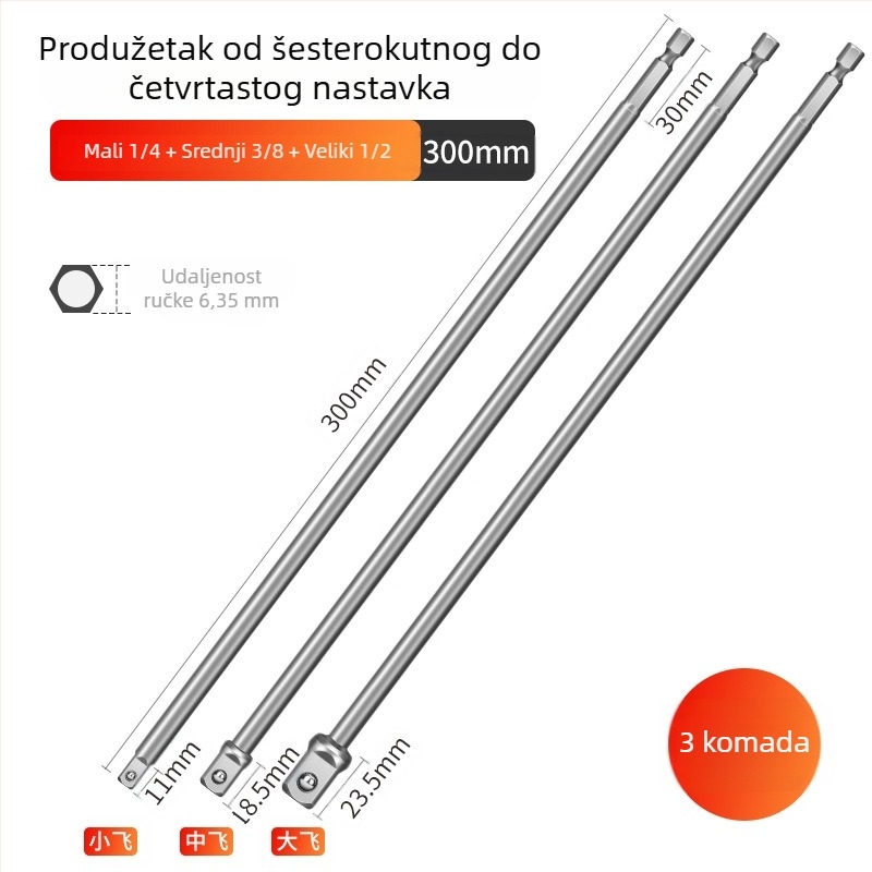 Adapter šestouog ог osovinskog dijela na četverostruki pogon za bušilicu i električni odvijač, spojna šipka, 6,3 mm