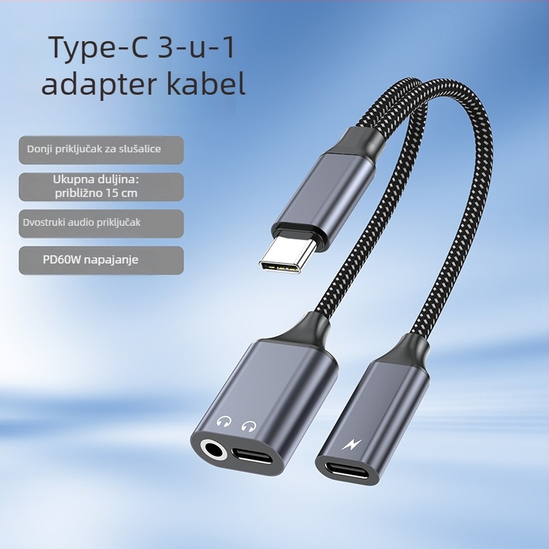 Type-C na 3,5 mm adapter za slušalice s portom za punjenje, dvostruka funkcija, za Android telefone i tablete