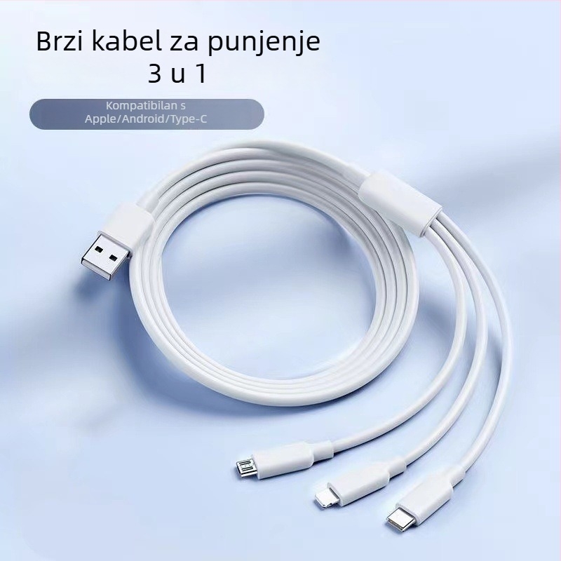 Bijeli 3-u-1 kabel za brzo punjenje 6A s priključcima Mini USB, Micro USB i Type-C za Apple, Android, Huawei i Xiaomi.