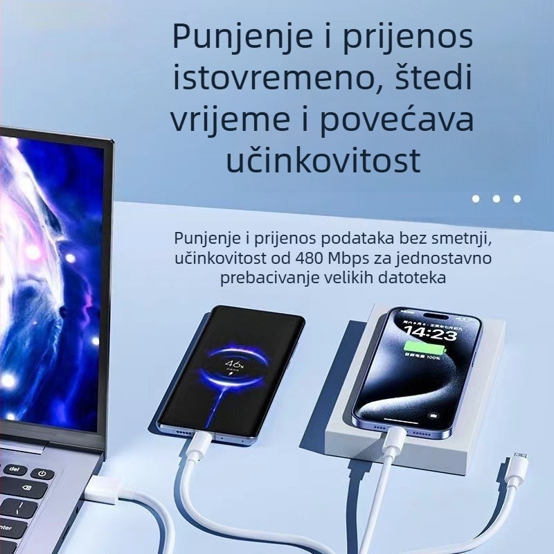 Bijeli 3-u-1 kabel za brzo punjenje 6A s priključcima Mini USB, Micro USB i Type-C za Apple, Android, Huawei i Xiaomi.