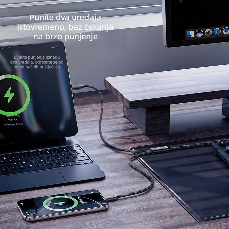 Kabel za podatkov s pulsirajućom LED diodom, jedan na dva, 2-u-1, USB Type-C 6A, kompatibilan Huawei i Apple iPhone 17