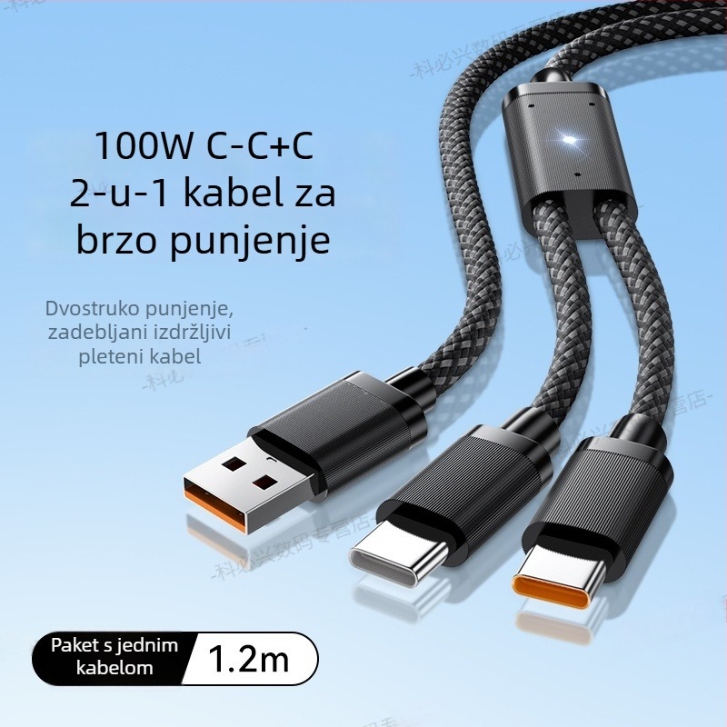 Kabel za podatkov s pulsirajućom LED diodom, jedan na dva, 2-u-1, USB Type-C 6A, kompatibilan Huawei i Apple iPhone 17