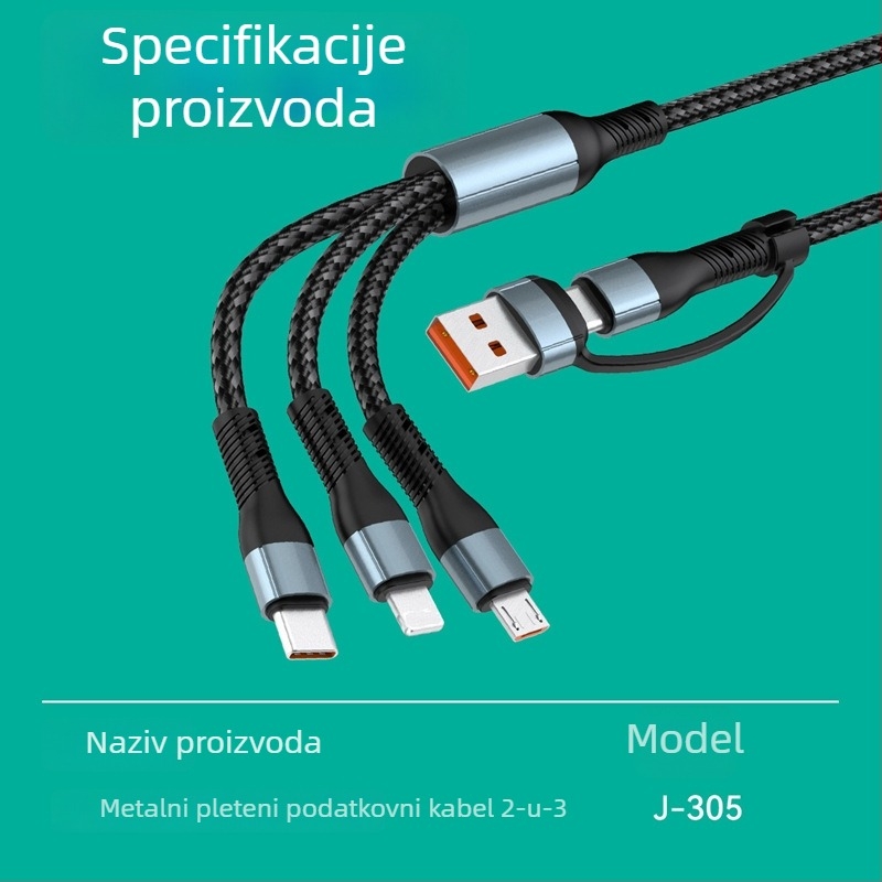 J305 5-u-1 kabel za punjenje i prijenos podataka s USB-C, Lightning i Micro USB, dužine 1,2 m, crni, brzo punjenje do 120W