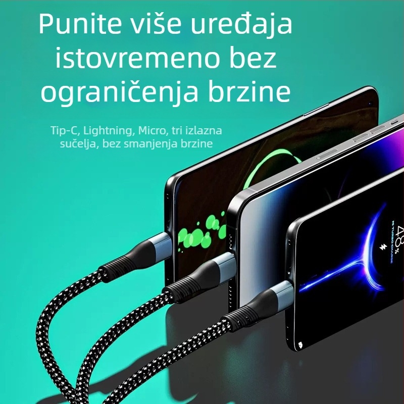 J305 5-u-1 kabel za punjenje i prijenos podataka s USB-C, Lightning i Micro USB, dužine 1,2 m, crni, brzo punjenje do 120W