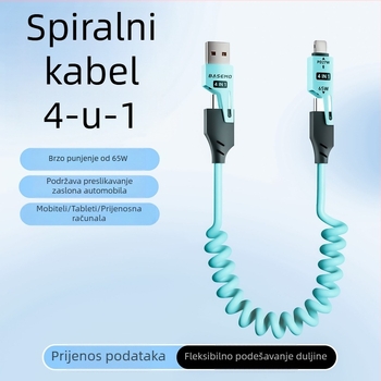 65W automobilski kabel s oprugom, dvostruki izlaz, Lightning i USB-C, duljina 1,5 m, brzo punjenje