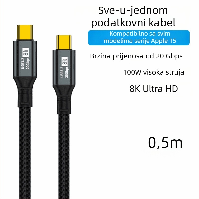 Dualni Type-C kabel za podatke, 100W brzo punjenje, 8K HD prikaz zaslona, za telefone i tablete, visoka brzina prijenosa podataka