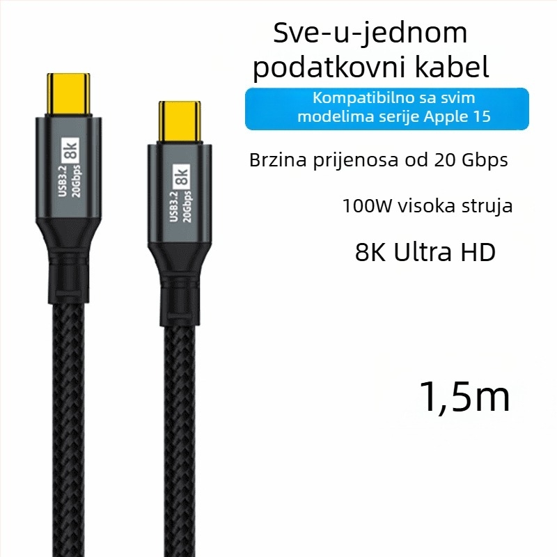 Dualni Type-C kabel za podatke, 100W brzo punjenje, 8K HD prikaz zaslona, za telefone i tablete, visoka brzina prijenosa podataka
