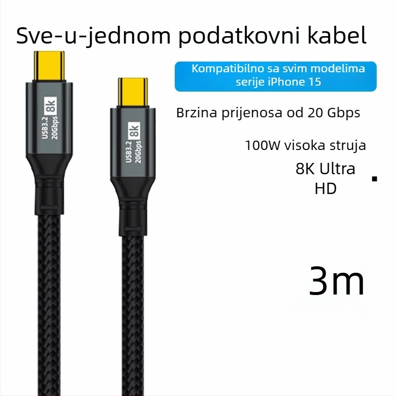 Dualni Type-C kabel za podatke, 100W brzo punjenje, 8K HD prikaz zaslona, za telefone i tablete, visoka brzina prijenosa podataka