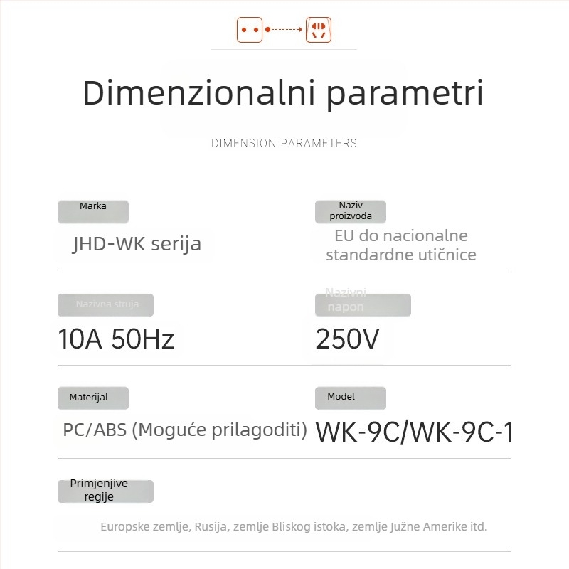 Višefunkcionalni putni adapter za utičnice s njemačkim i europskim standardom, dvopinska utičnica