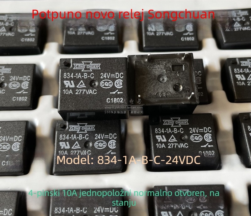 834-1A-B-C, 24V DC, 4-pin relej, 10A, SPST-NO
