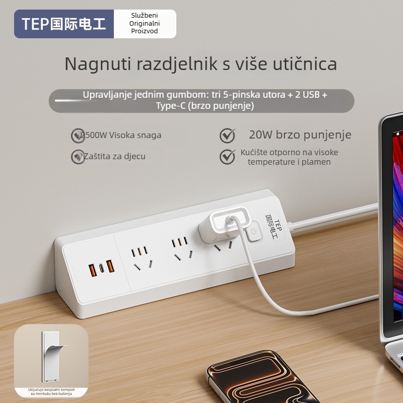 Pametni nagibni trokutasti produžni kabel s USB-om, višestruki priključci, za dom i studentski dom