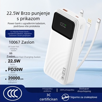 Power bank s 3C certifikatom, brzo punjenje, velika kapaciteta, ugrađen kabel, pametni digitalni zaslon, PD brzo punjenje, 20000mAh