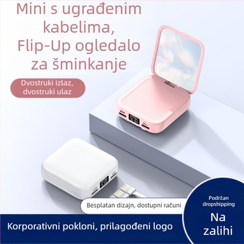 Kompaktno kozmetičko ogledalo s power bankom od 20000 mAh, mini, univerzalno, ugrađeni kabel za punjenje, otisak loga