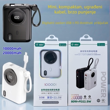 Mini vanjska baterija s integriranim kabelom, 20000 mAh, brzo punjenje, digitalni prikaz